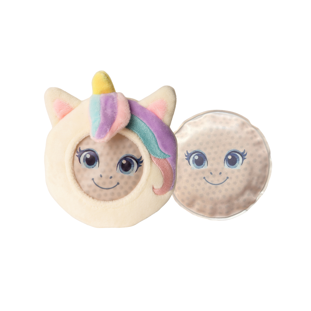 Two plush toys shaped like faces with a unicorn horn and rainbow hair on a white background